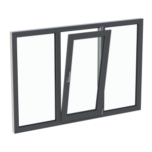 Fereastră termopan dormitor 1800/1200, profil PVC Ramplast, 3 canate, deschidere dreapta, 2 x fixă + rotobatantă-Gri antracit
