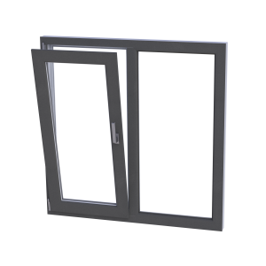 Fereastră termopan living 1160/1160, profil PVC Ramplast, 2 canate, deschidere stânga, fix + rotobatantă-Gri antracit